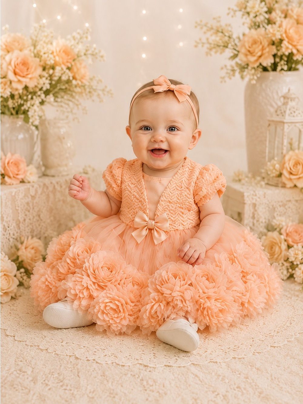 Nannette Rosette Party Dress | 6–9 Months | Peach Blush | Special Occasion